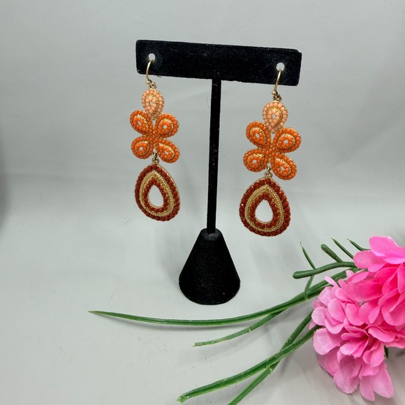 Stella & Dot Signed Orange Floral Drop Earrings with Red Teardrop Accents - Picture 2 of 6